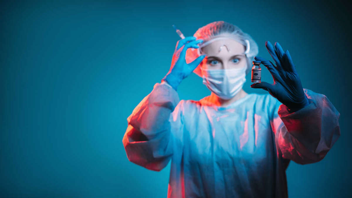 Vaccine,development.,covid 19,immunization.,inoculation,risk.,shocked,female,doctor,in